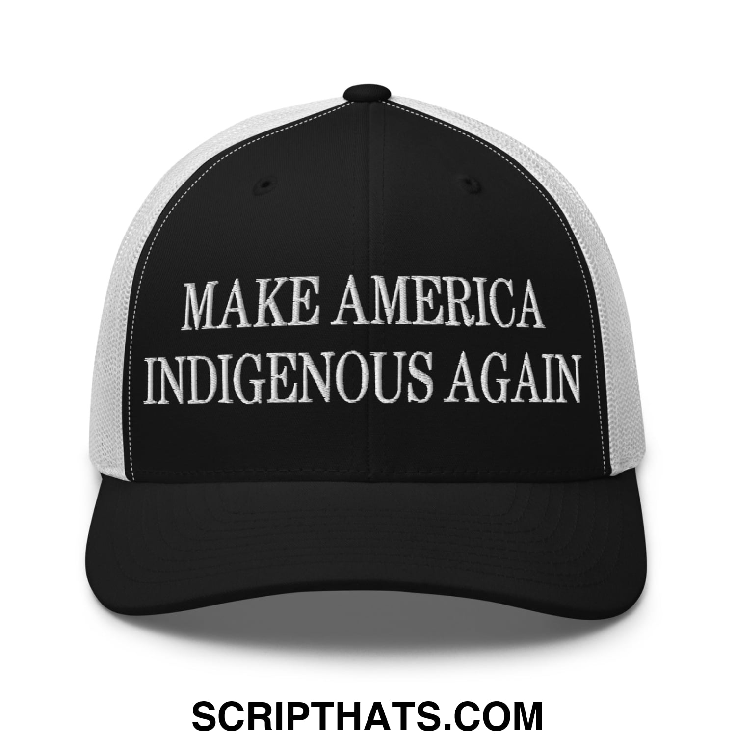 Black and white mesh trucker hat with embroidered make america indigenous again text in bold capital letters
