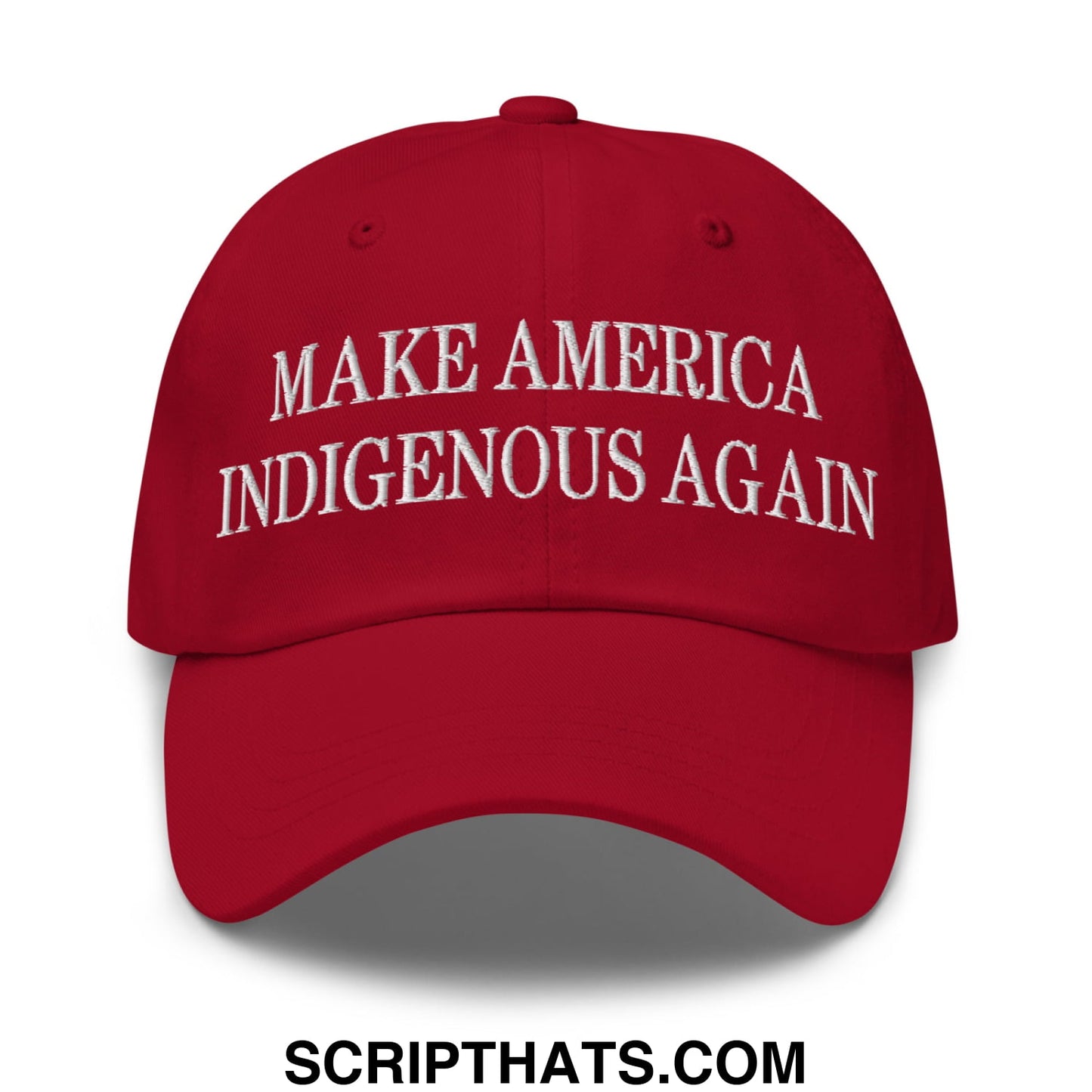 A vibrant red embroidered unstructured dad hat with white make america indigenous again text