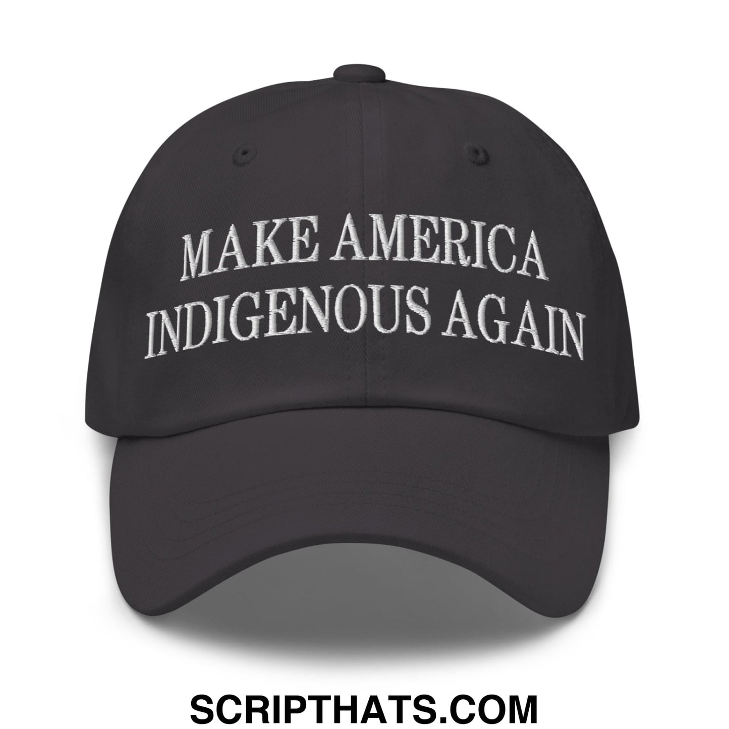 Black embroidered unstructured dad hat with white make america indigenous again text for casual wear