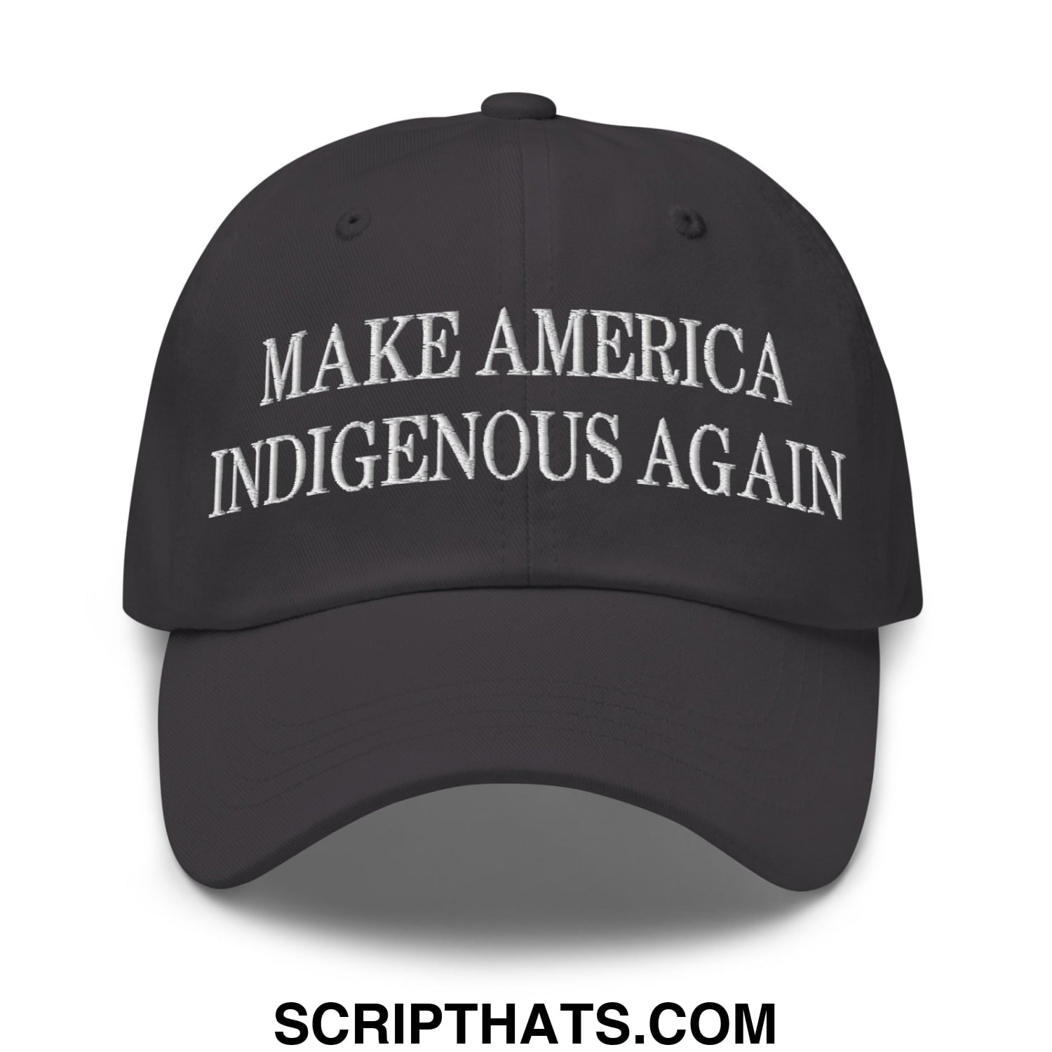 Black embroidered unstructured dad hat with white make america indigenous again text for casual wear
