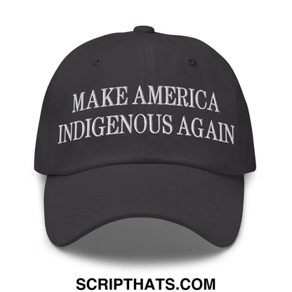 Black embroidered unstructured dad hat with white make america indigenous again text for casual wear