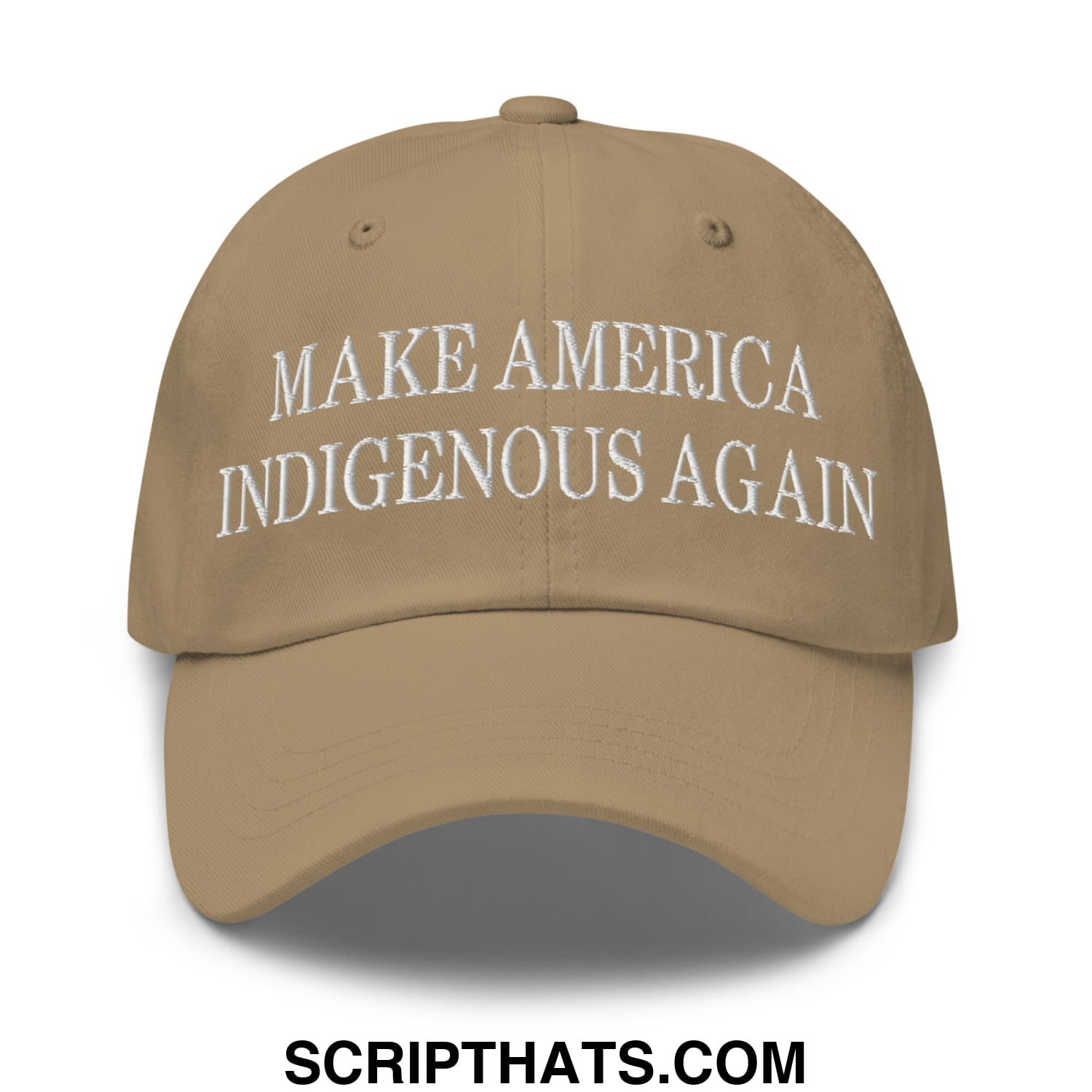 Tan embroidered unstructured dad hat with make america indigenous again text for casual wear and outdoor use