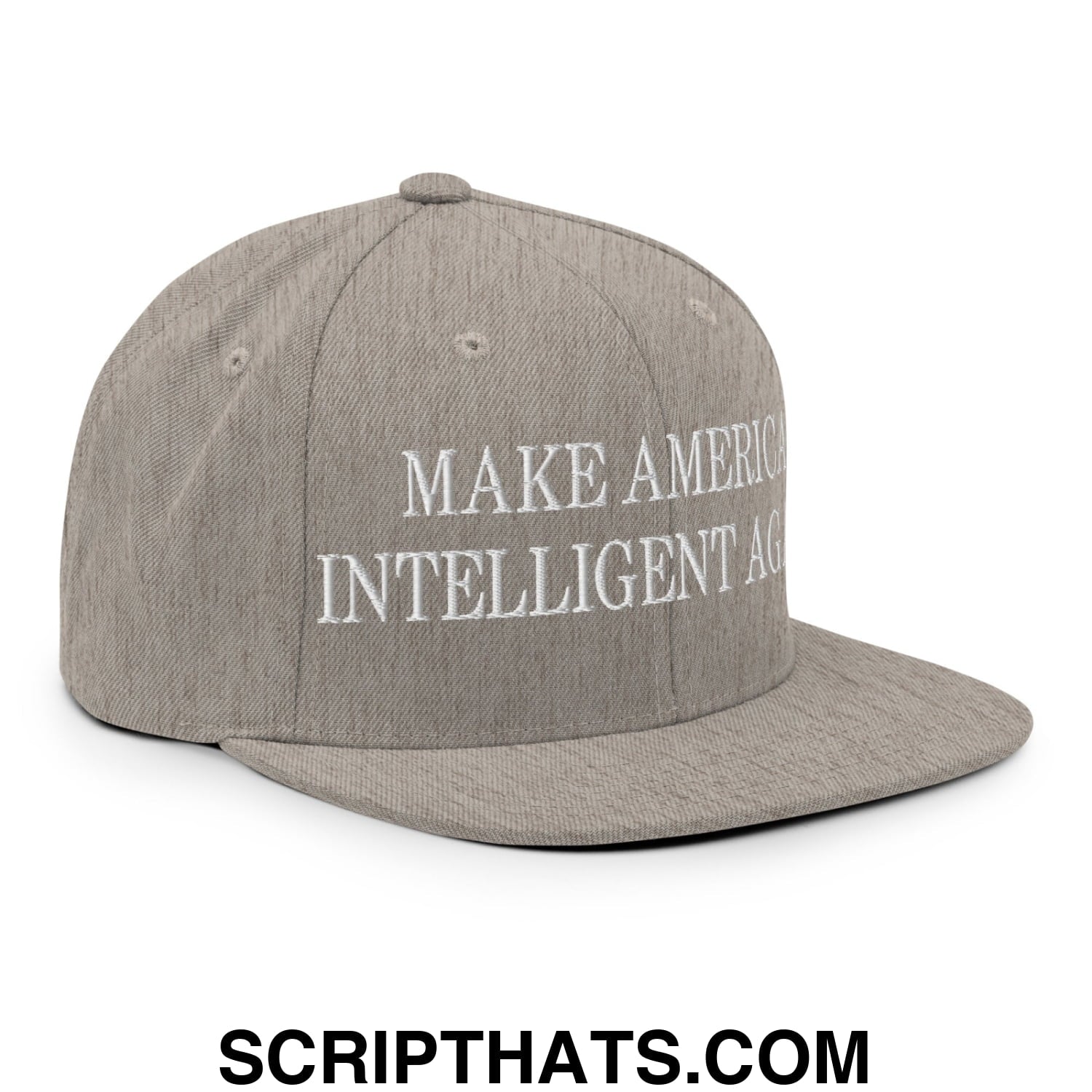 Gray snapback cap with white embroidered make america intelligent again text and flat bill brim design