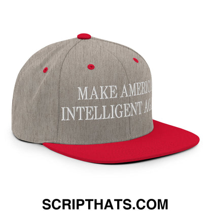 Gray and red snapback hat with white embroidered make america intelligent again text on flat bill brim