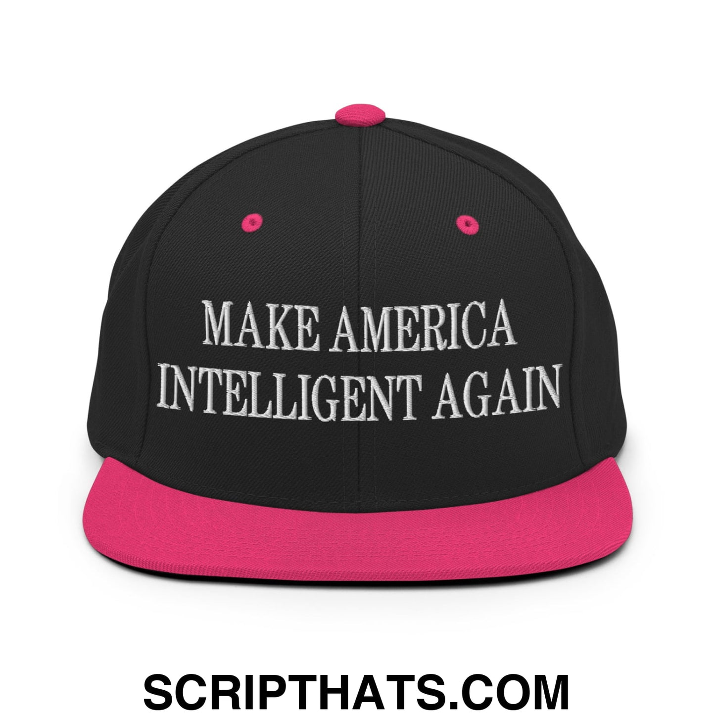 Black snapback cap with vibrant pink brim and button featuring white embroidered text make America intelligent again