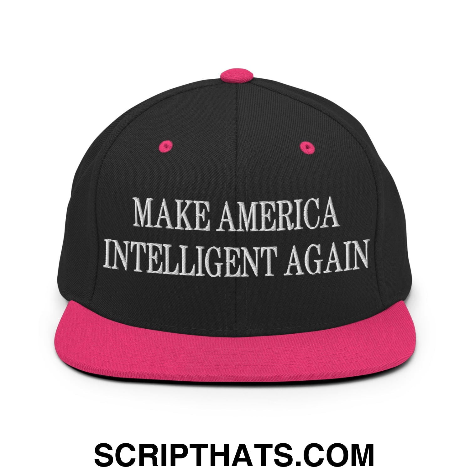 Black snapback cap with vibrant pink brim and button featuring white embroidered text make America intelligent again