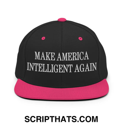 Black snapback cap with vibrant pink brim and button featuring white embroidered text make America intelligent again