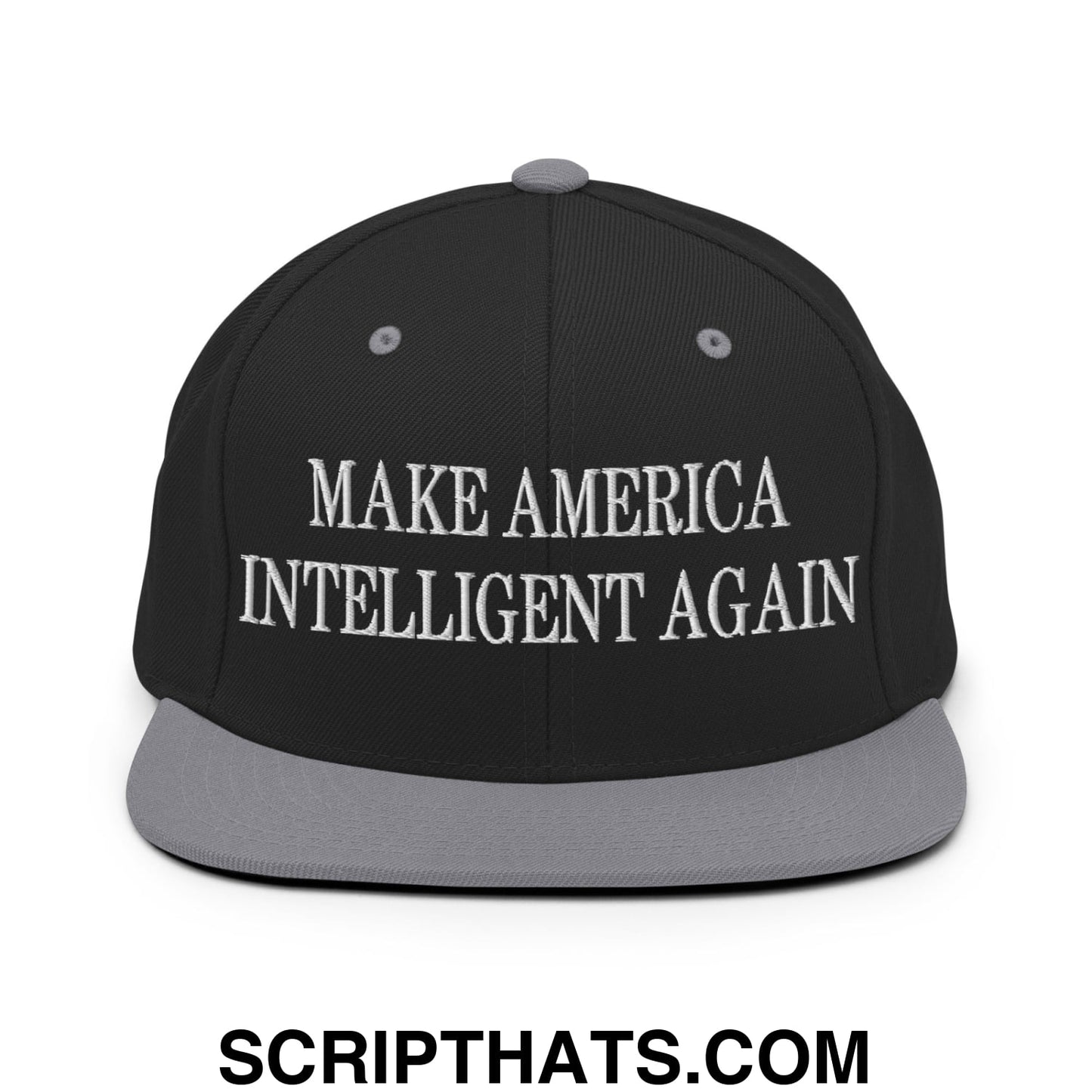 Black snapback cap with gray brim and white embroidered text make America intelligent again on front panel
