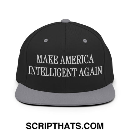 Black snapback cap with gray brim and white embroidered text make America intelligent again on front panel