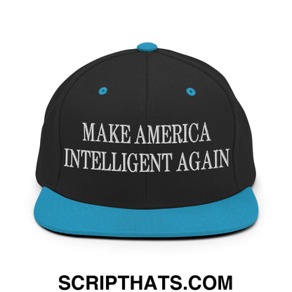 Black snapback cap with teal brim and button featuring white embroidered text make america intelligent again