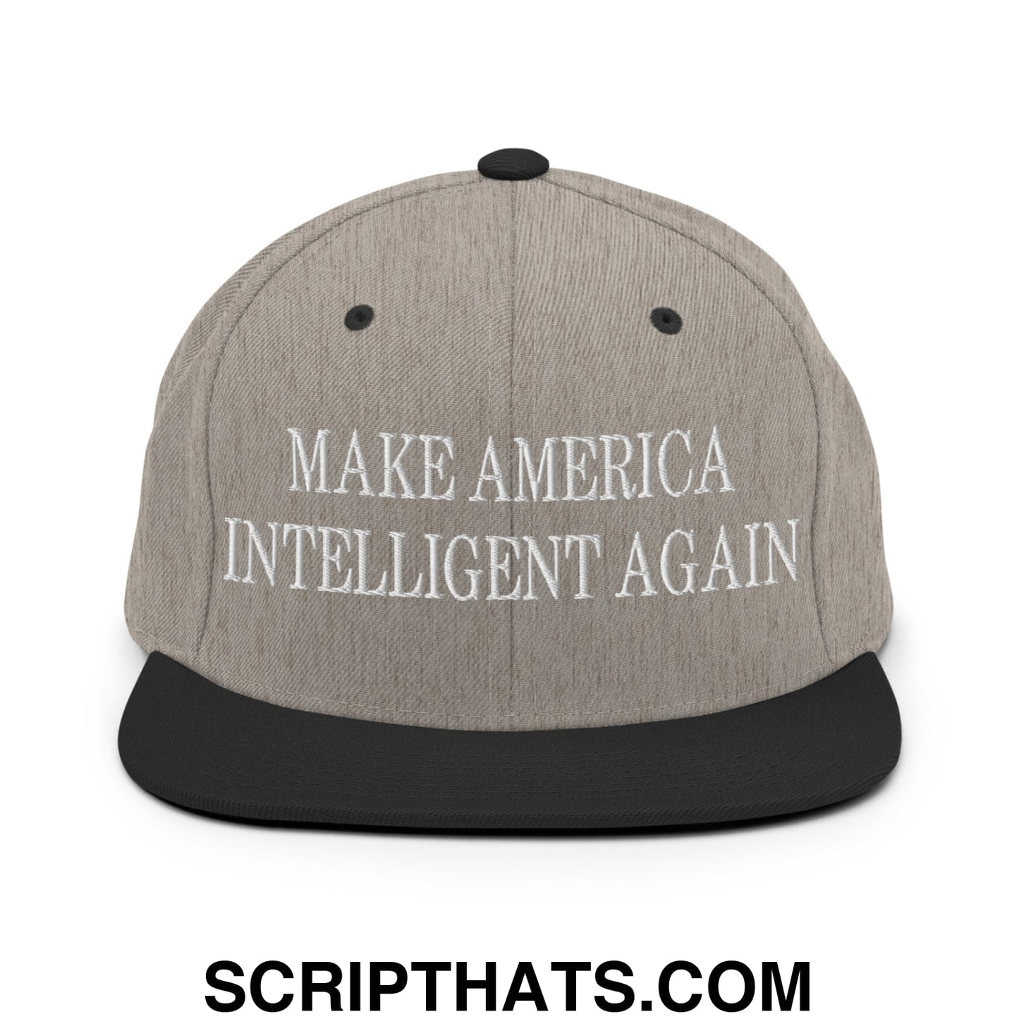 Gray snapback hat with black flat bill brim and embroidered white text reading make america intelligent again