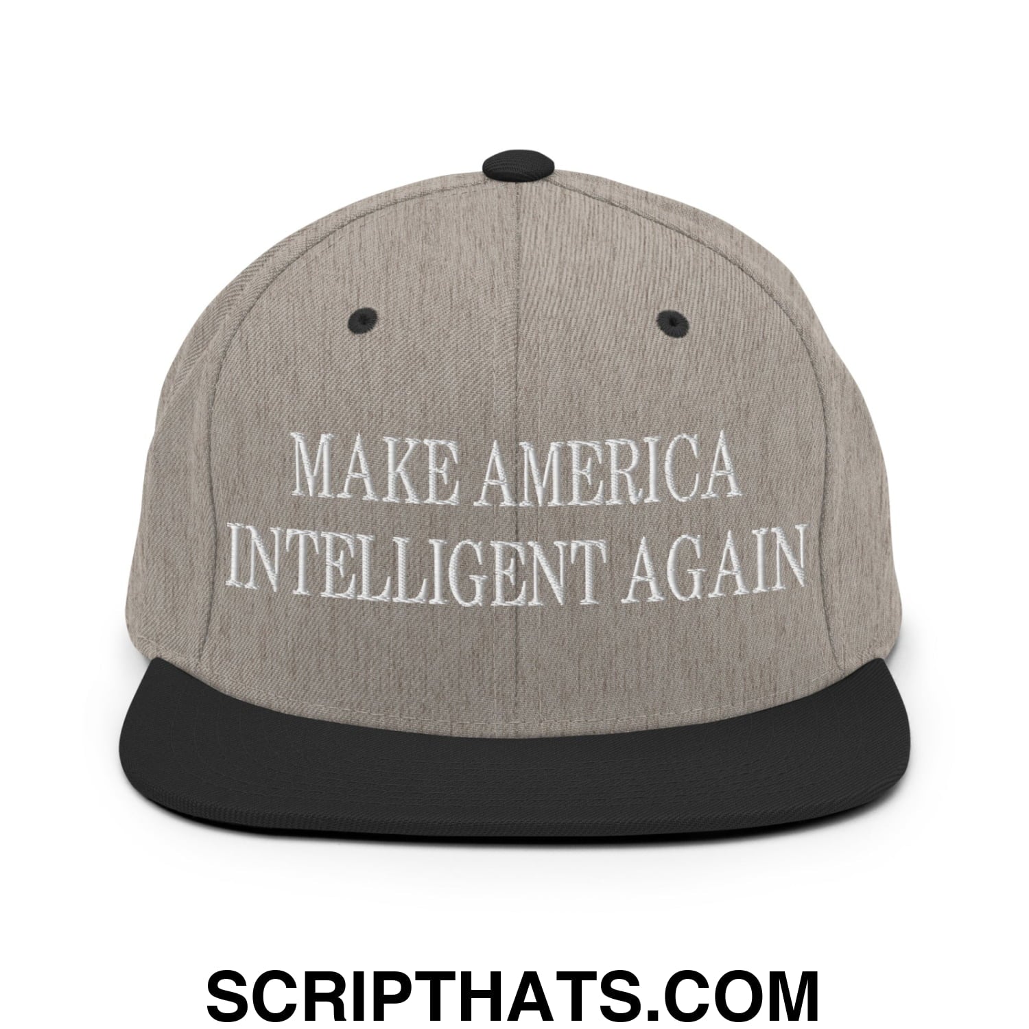 Gray snapback hat with black flat bill brim and embroidered white text reading make america intelligent again