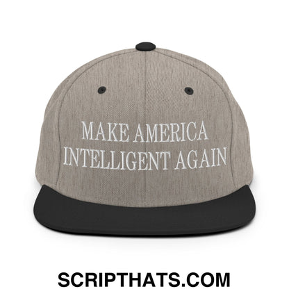 Gray snapback hat with black flat bill brim and embroidered white text reading make america intelligent again