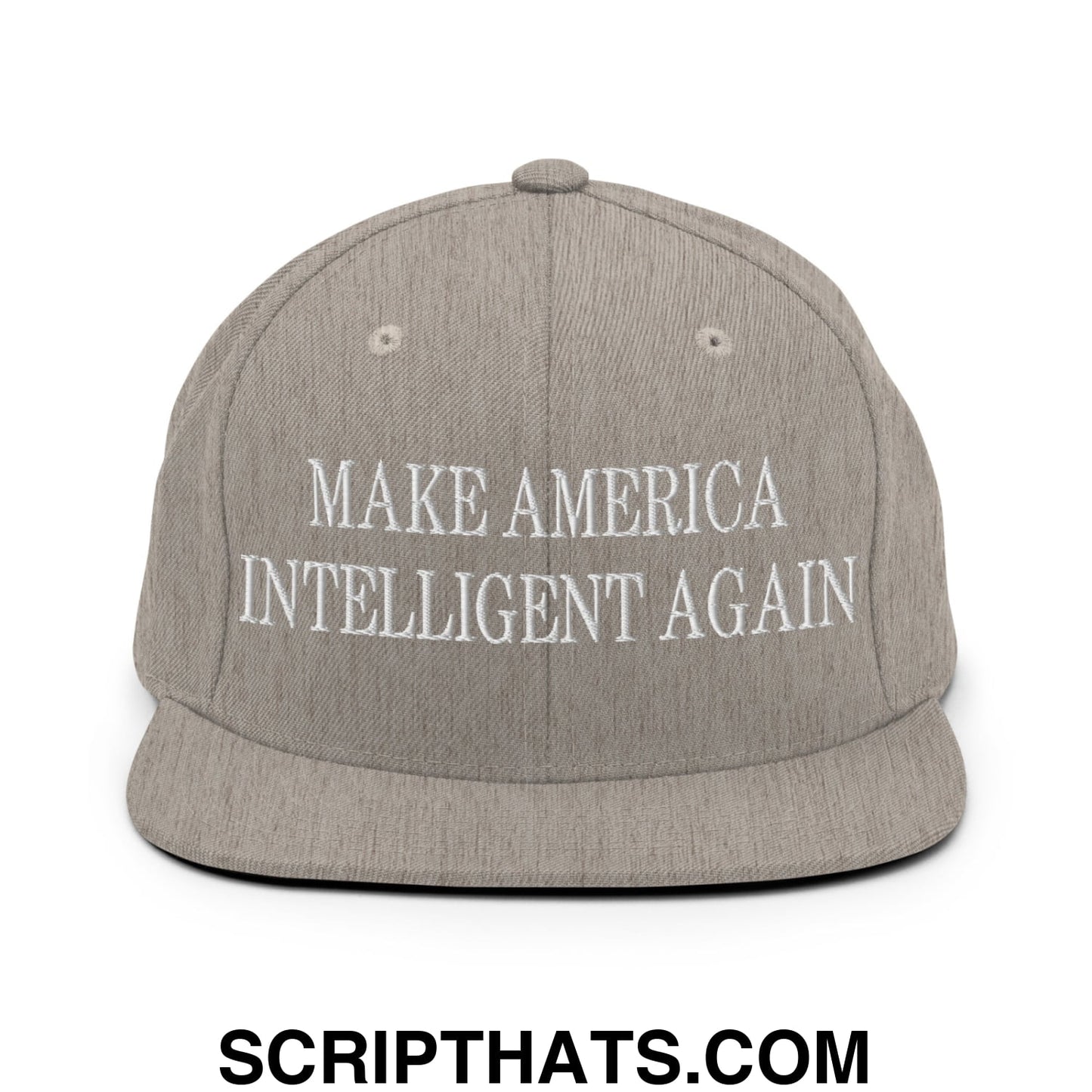 A gray snapback hat with white embroidered make america intelligent again text on the front and flat bill brim
