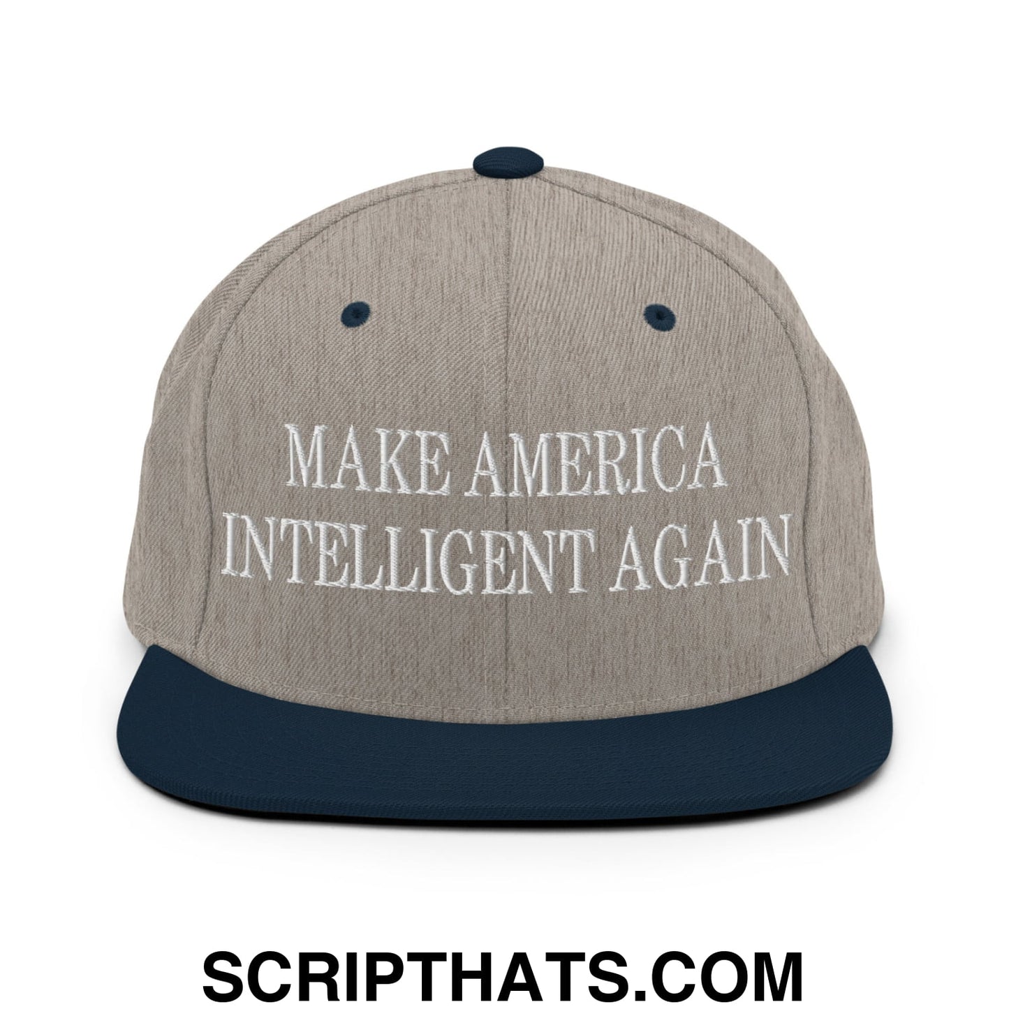 Make America Intelligent Again embroidered flat bill snapback hat in gray and navy blue with white thread logo