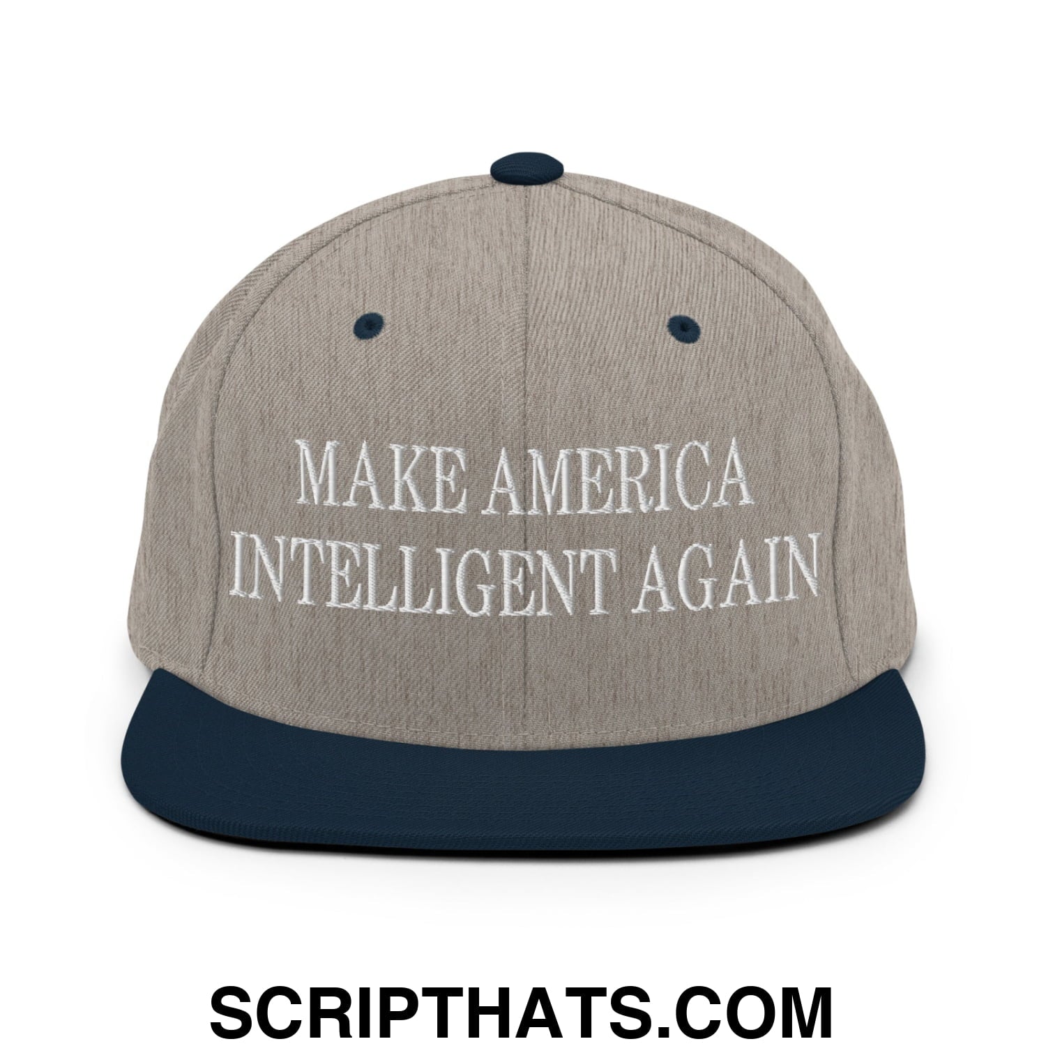 Make America Intelligent Again embroidered flat bill snapback hat in gray and navy blue with white thread logo