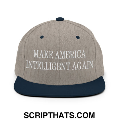 Make America Intelligent Again embroidered flat bill snapback hat in gray and navy blue with white thread logo