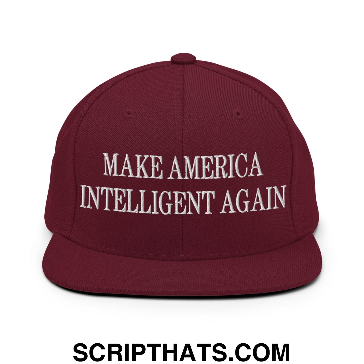 Maroon flat bill snapback hat with white embroidered text make america intelligent again for casual wear