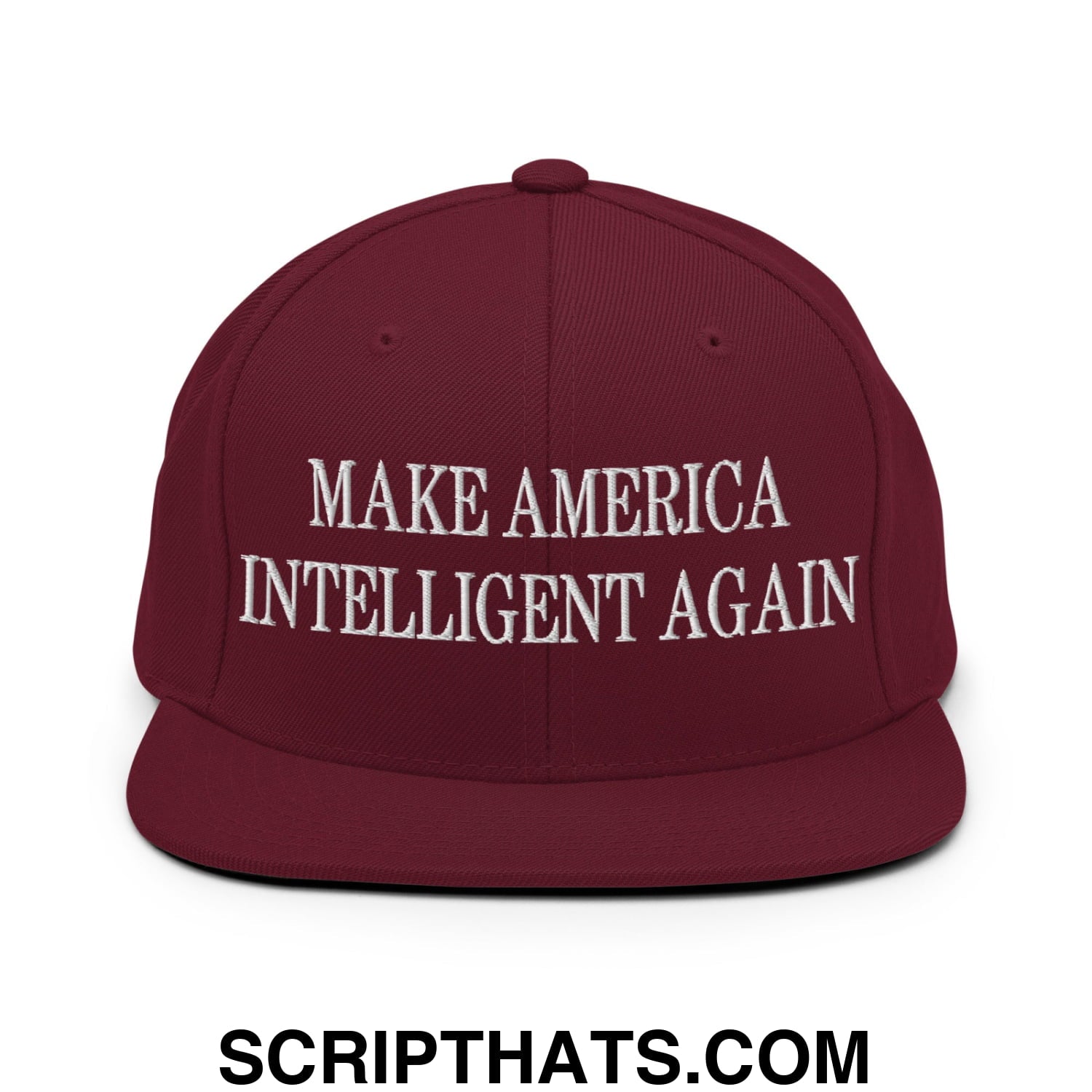 Maroon flat bill snapback hat with white embroidered text make america intelligent again for casual wear