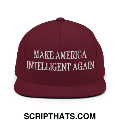 Maroon flat bill snapback hat with white embroidered text make america intelligent again for casual wear
