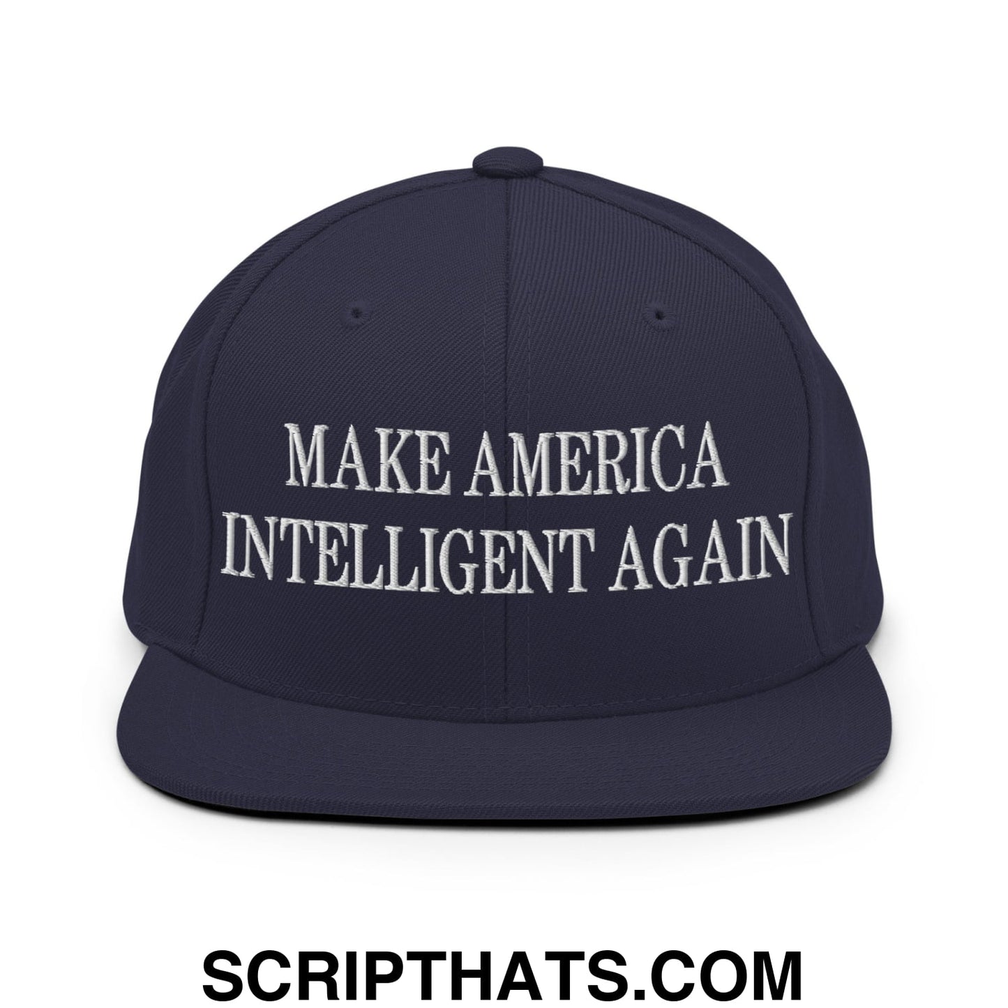 Navy blue snapback hat with white embroidered text make america intelligent again and flat bill brim design