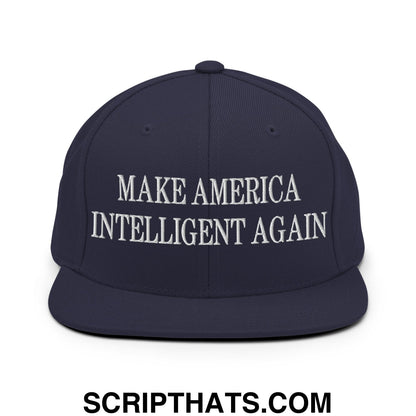 Navy blue snapback hat with white embroidered text make america intelligent again and flat bill brim design