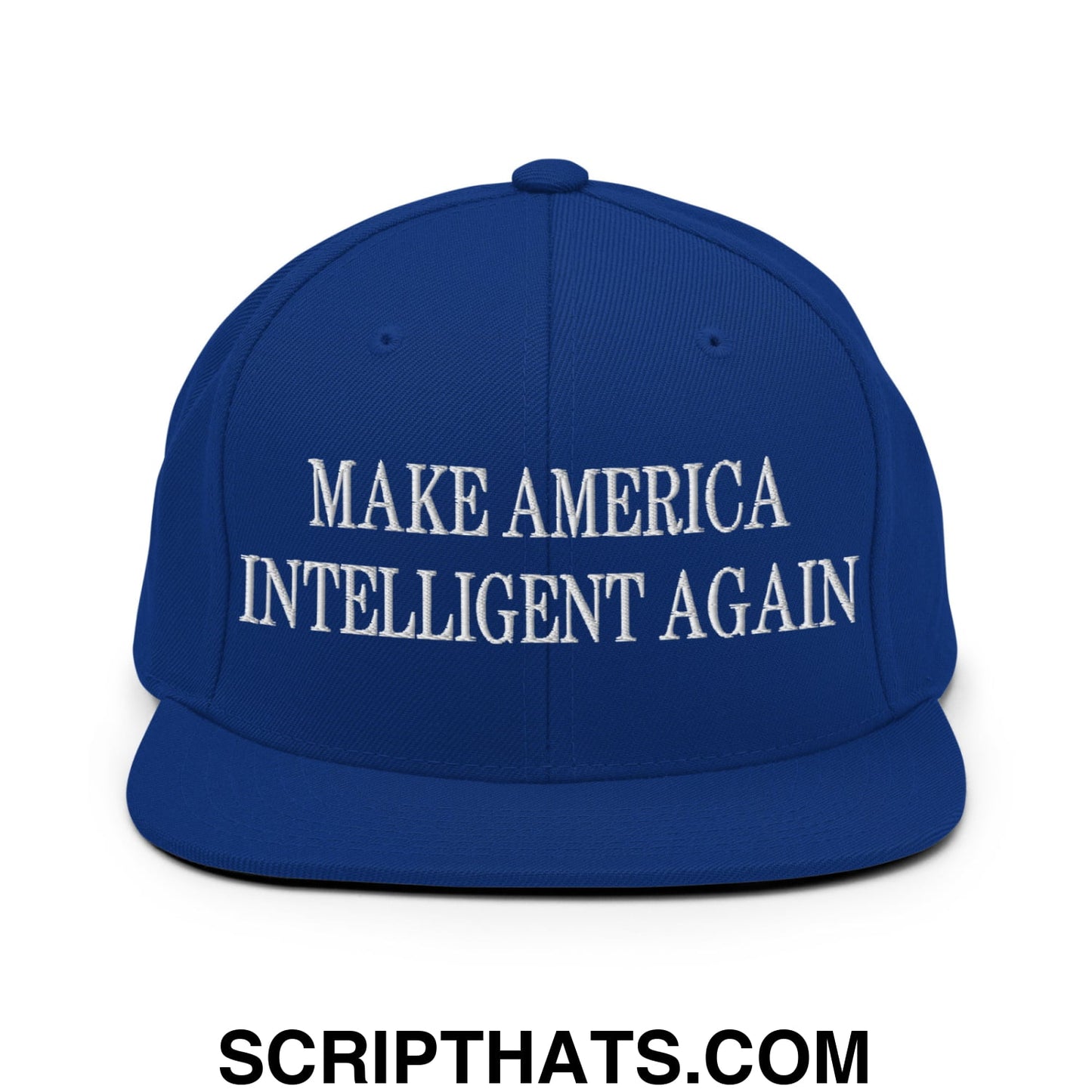 Royal blue snapback hat with white embroidered make america intelligent again text and flat bill brim design