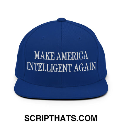 Royal blue snapback hat with white embroidered make america intelligent again text and flat bill brim design