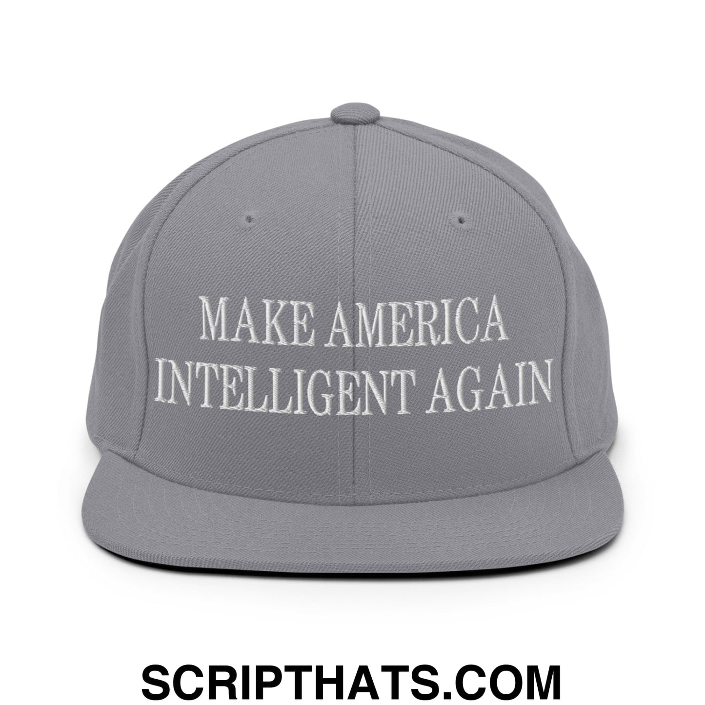 Gray embroidered flat bill snapback hat with white text make america intelligent again for casual wear