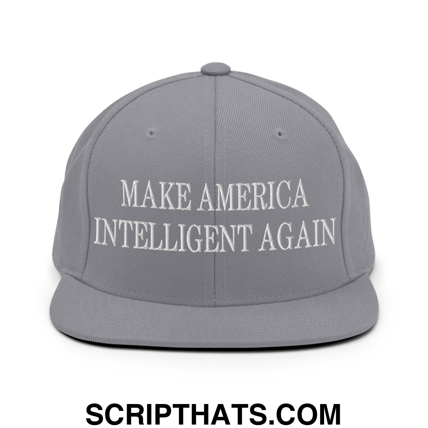 Gray embroidered flat bill snapback hat with white text make america intelligent again for casual wear