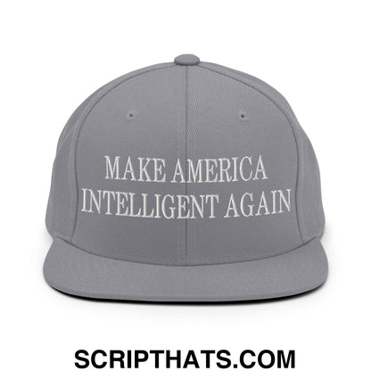 Gray embroidered flat bill snapback hat with white text make america intelligent again for casual wear