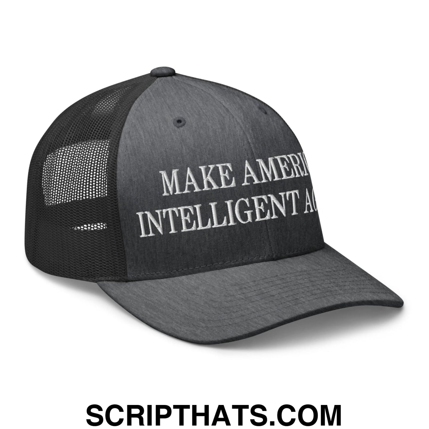 Black embroidered mesh trucker hat with white make america intelligent again text on front panel