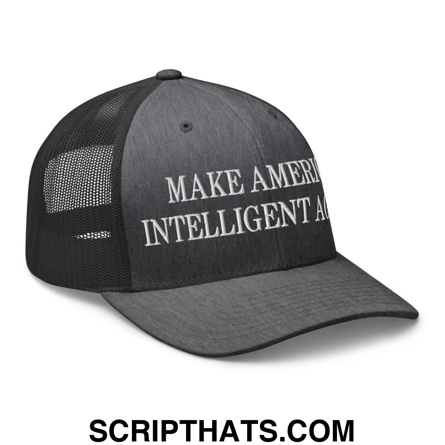 Black embroidered mesh trucker hat with white make america intelligent again text on front panel