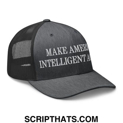 Black embroidered mesh trucker hat with white make america intelligent again text on front panel