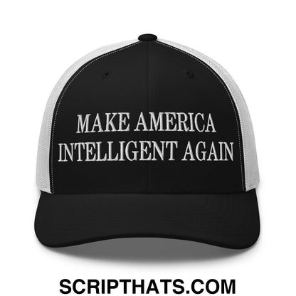 Black and white mesh trucker hat with make america intelligent again embroidered in bold raised white thread