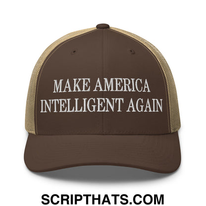 Brown and tan mesh trucker hat with white embroidered text reading make america intelligent again