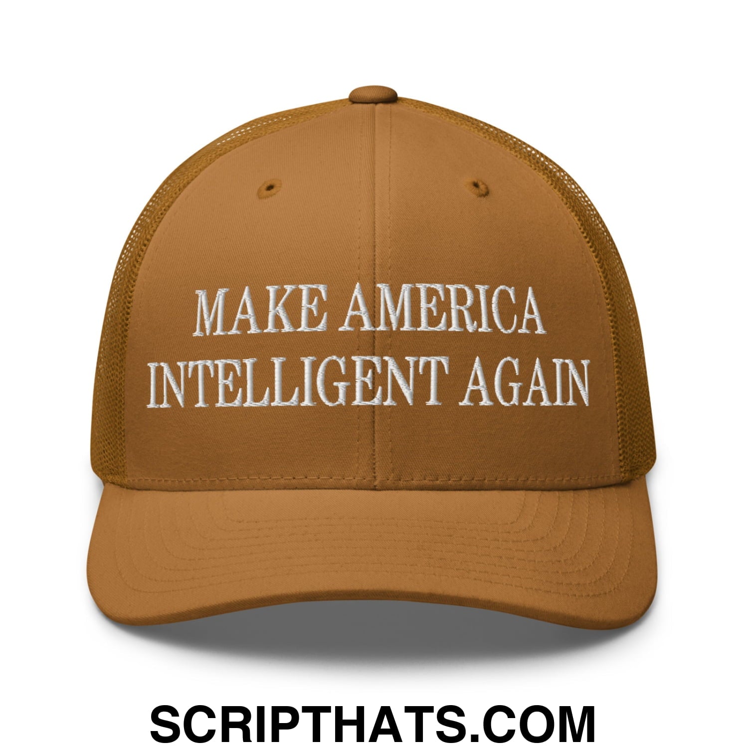 Tan mesh trucker hat with white embroidered make america intelligent again text on the front panel
