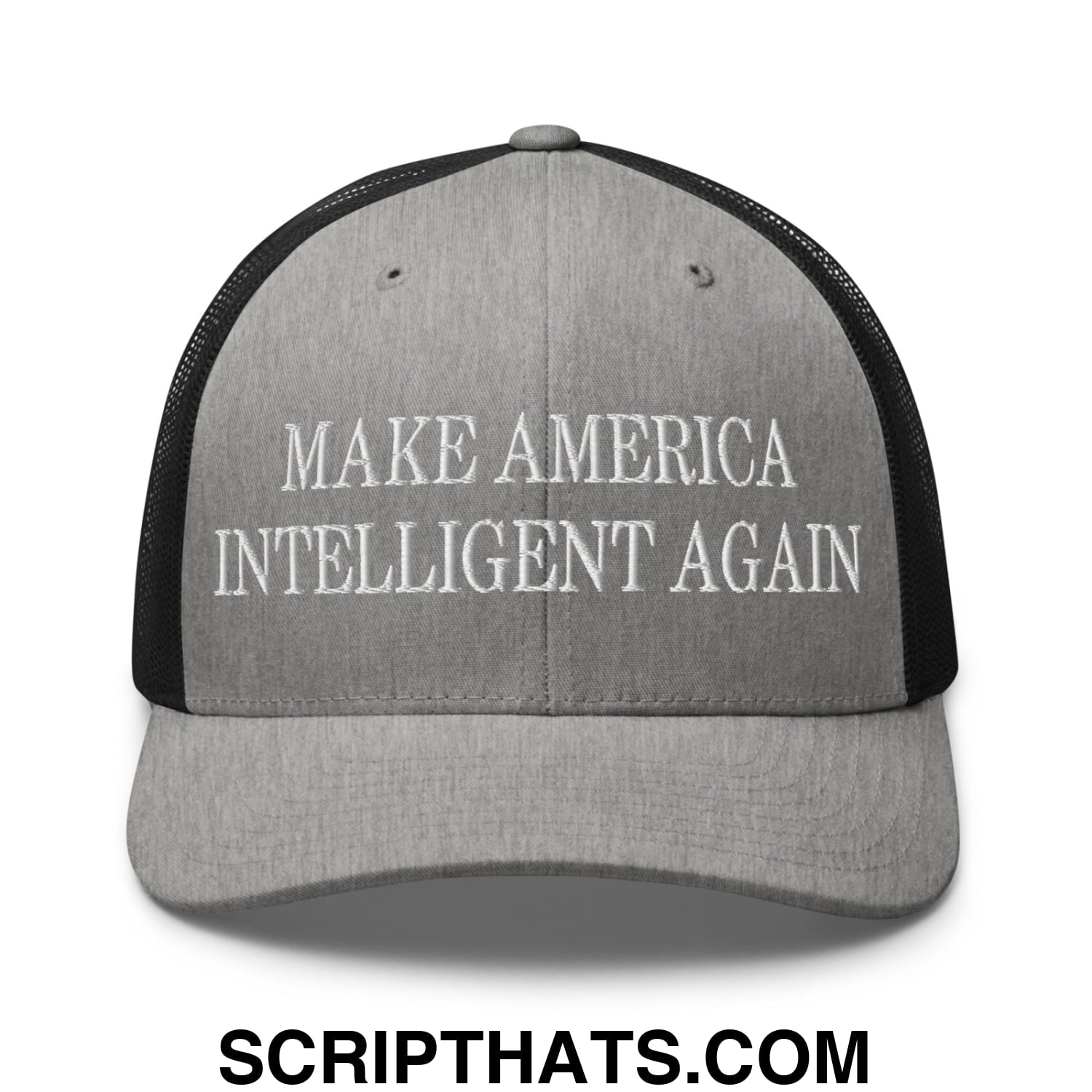 Gray mesh trucker hat with black mesh back and white embroidered text make America intelligent again