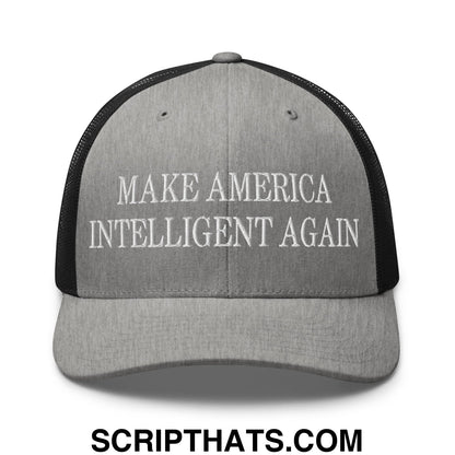 Gray mesh trucker hat with black mesh back and white embroidered text make America intelligent again