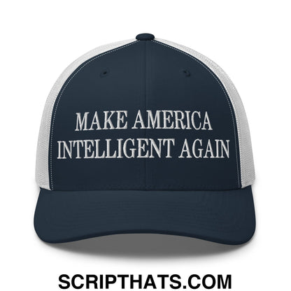 Navy blue and white mesh trucker hat with embroidered make america intelligent again text front view