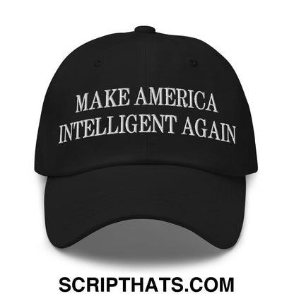 Black unstructured dad hat with white embroidered make america intelligent again text for casual wear