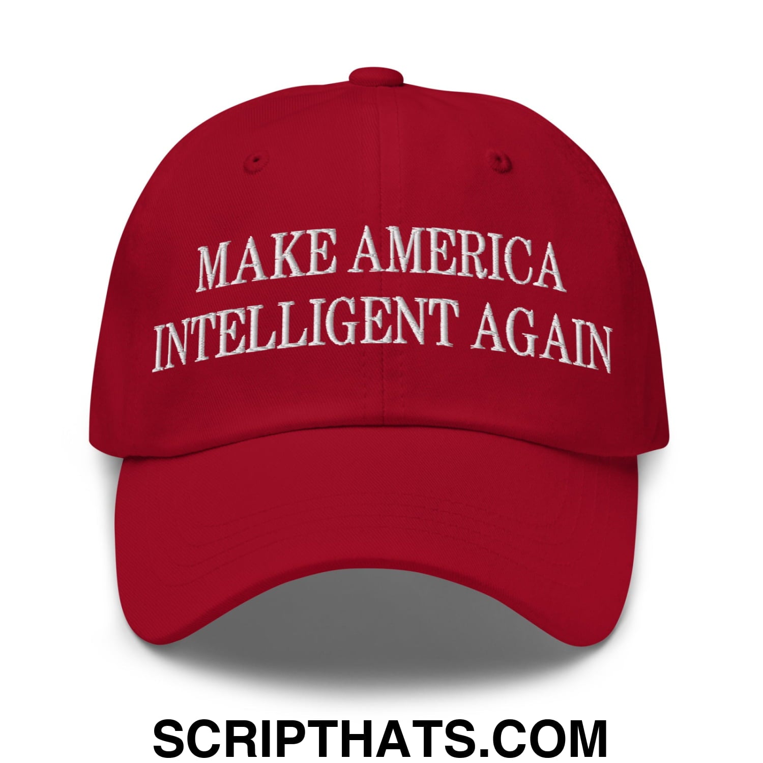Red embroidered unstructured dad hat with white make america intelligent again text for casual wear
