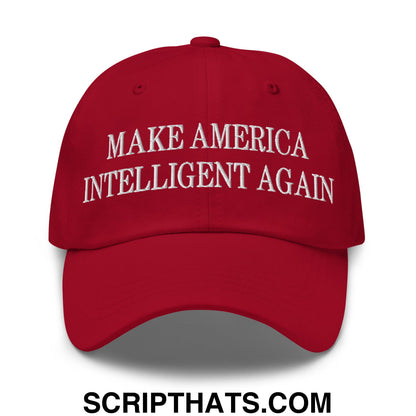 Red embroidered unstructured dad hat with white make america intelligent again text for casual wear