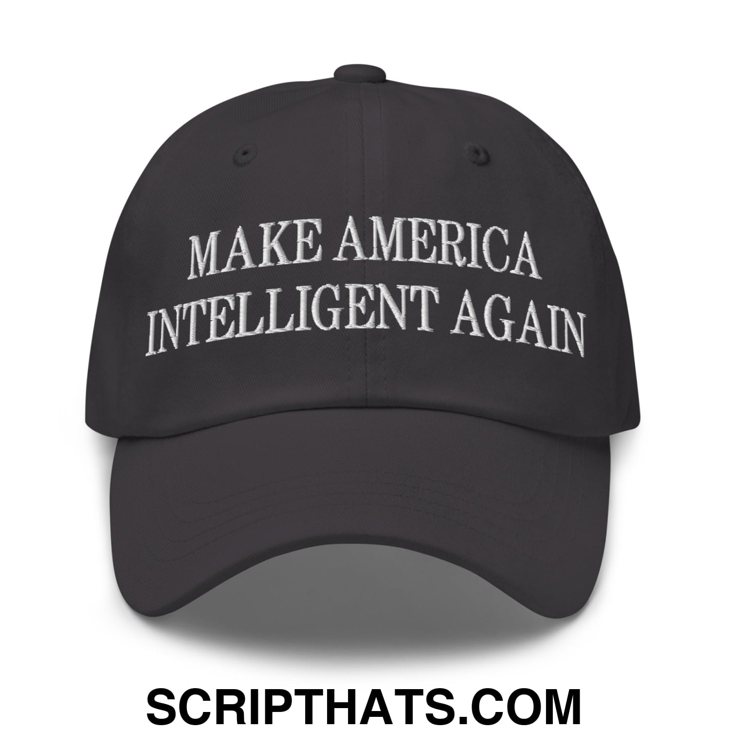 Black unstructured dad hat with white embroidered text make america intelligent again for casual wear