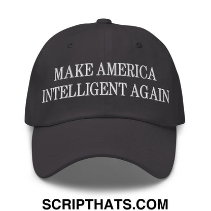 Black unstructured dad hat with white embroidered text make america intelligent again for casual wear