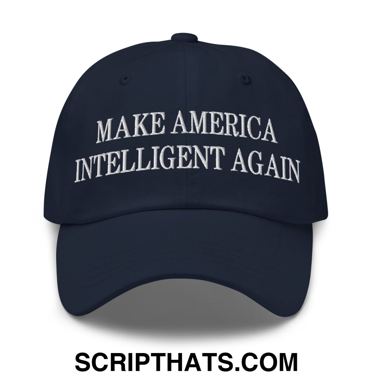 A navy blue embroidered unstructured dad hat with white make america intelligent again text for casual wear
