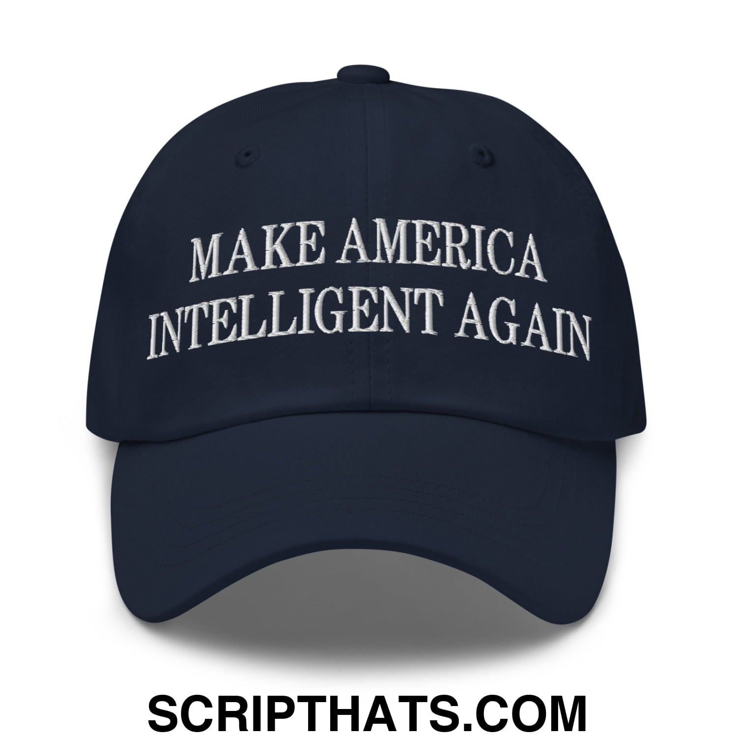 A navy blue embroidered unstructured dad hat with white make america intelligent again text for casual wear