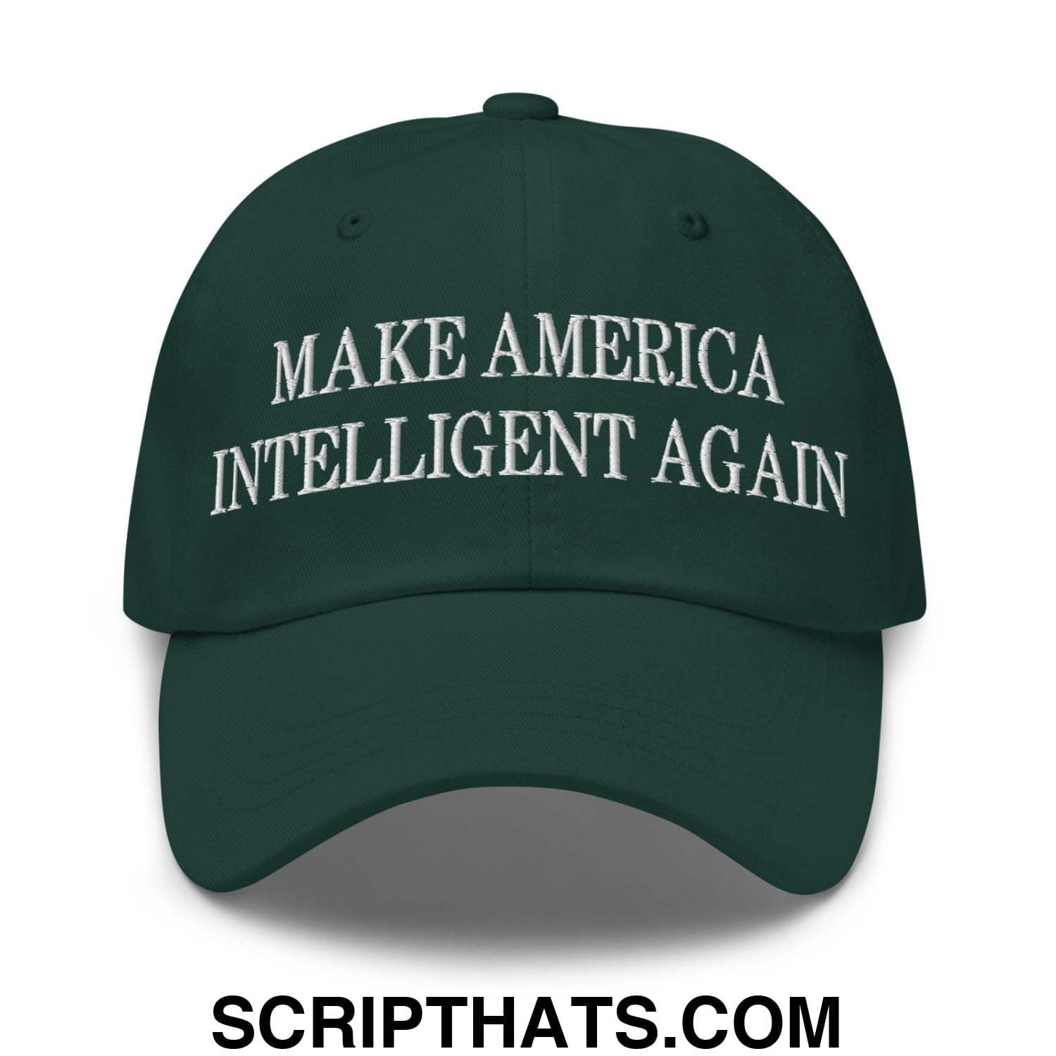 Dark green embroidered unstructured dad hat with white text make america intelligent again for casual wear