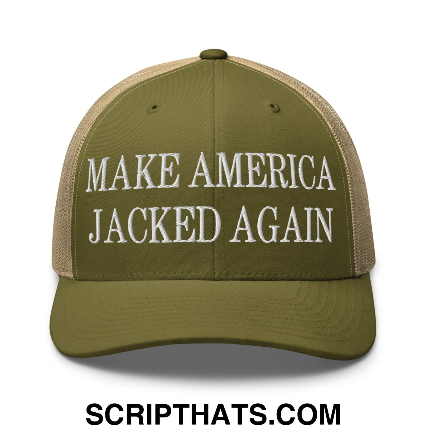 Make America Jacked Again Embroidered Mesh Trucker Hat Moss Khaki