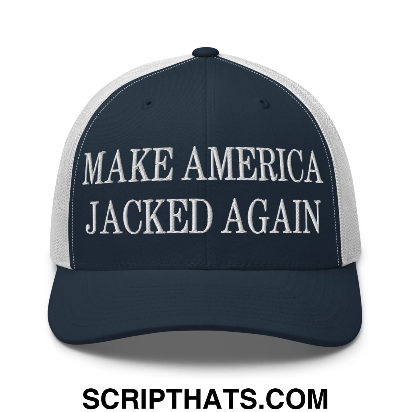 Make America Jacked Again Embroidered Mesh Trucker Hat Navy White